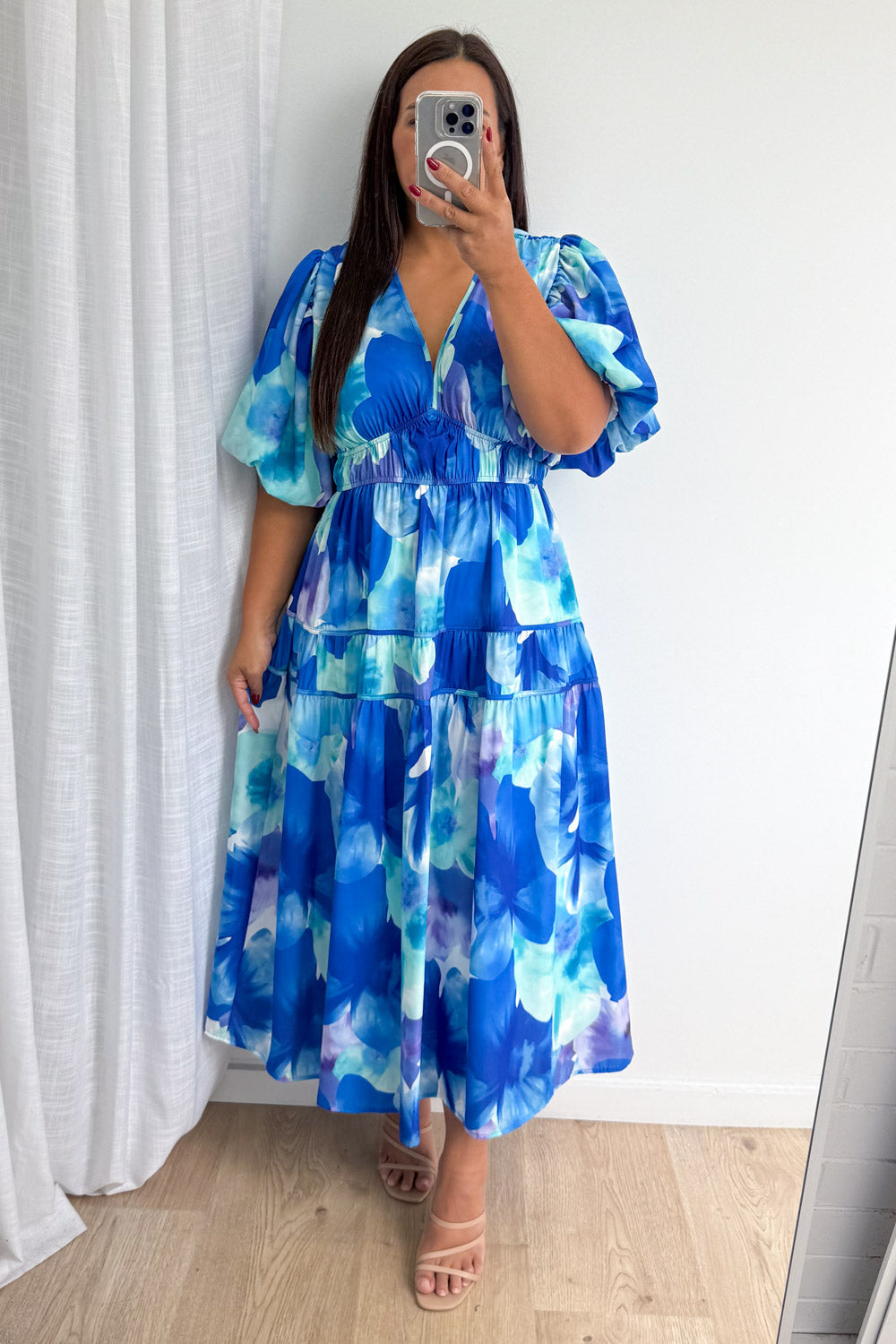 Soft-Drape V-Neck Midi Dress — Blue