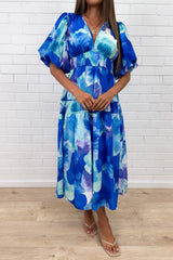 Soft-Drape V-Neck Midi Dress — Blue
