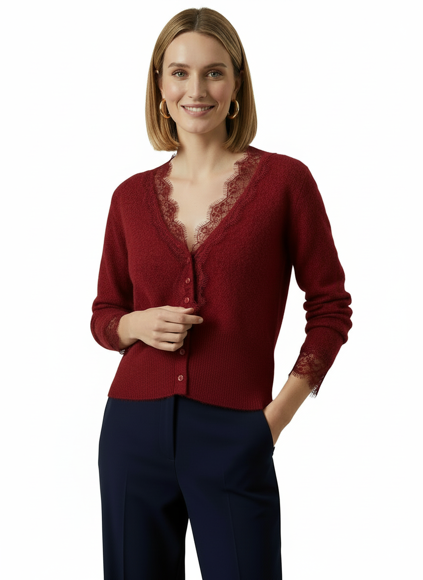 Clara Lace-Trim V-Neck Cardigan