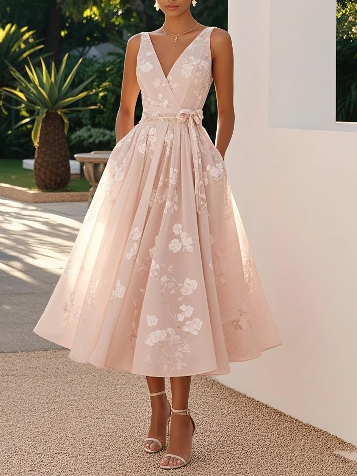 Floral Bow-Waist Midi Dress