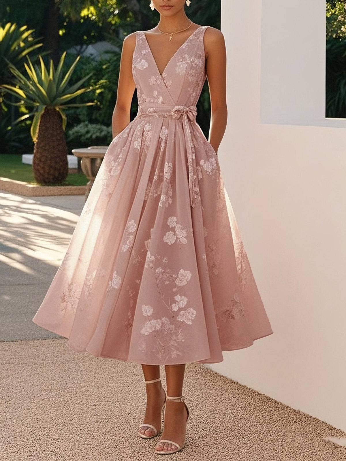 Floral Bow-Waist Midi Dress