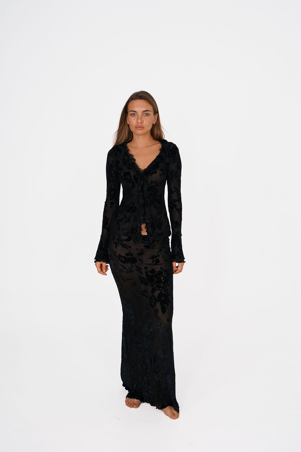 Flocked Lace Ruched Maxi Skirt