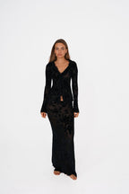 Flocked Lace Ruched Maxi Skirt