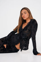 Flocked Lace Ruched Maxi Skirt