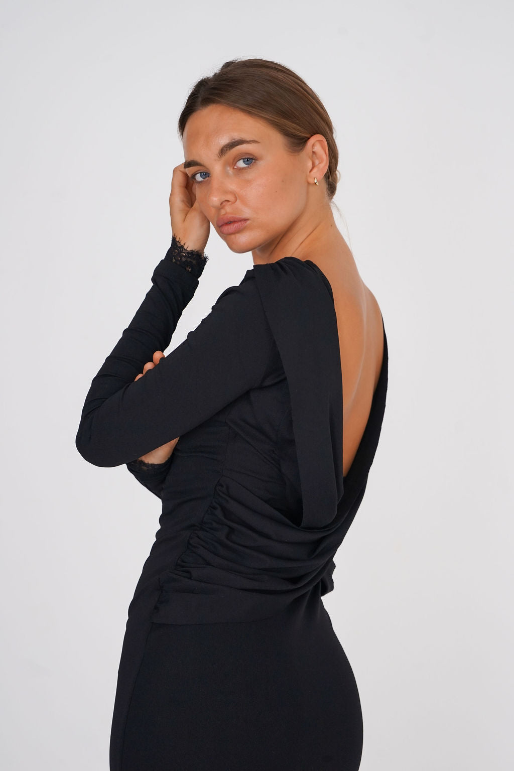 Draped-Back Lace Detail Maxi Dress