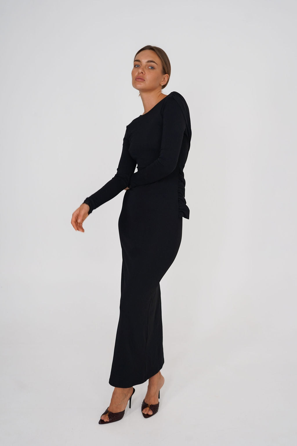 Draped-Back Lace Detail Maxi Dress