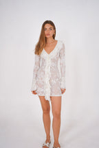 Flocked Floral Sheer Ruffle Mini Dress