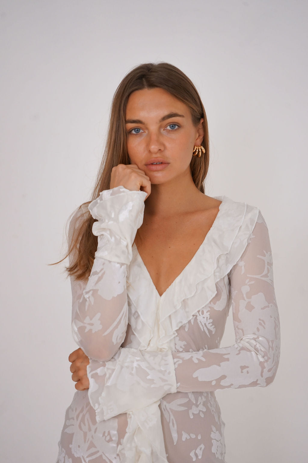 Flocked Floral Sheer Ruffle Mini Dress