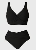 Ruched Cross-Front High-Waist Bikini – Black