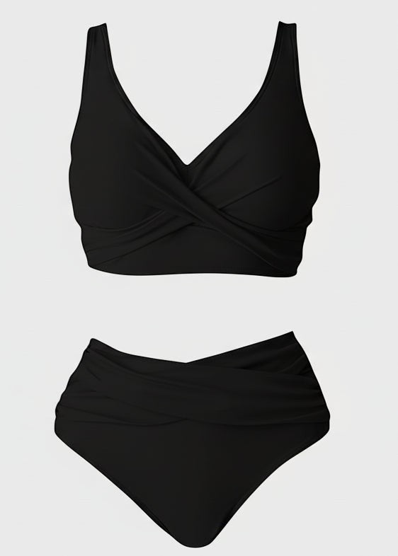 Ruched Cross-Front High-Waist Bikini – Black