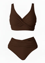 Ruched Cross-Front High-Waist Bikini – Brown