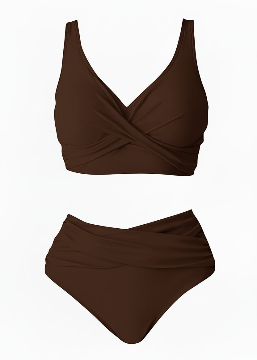 Ruched Cross-Front High-Waist Bikini – Brown