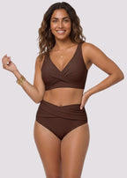 Ruched Cross-Front High-Waist Bikini – Brown