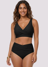 Ruched Cross-Front High-Waist Bikini – Black