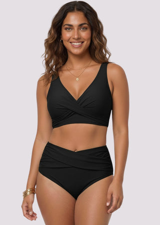 Ruched Cross-Front High-Waist Bikini – Black