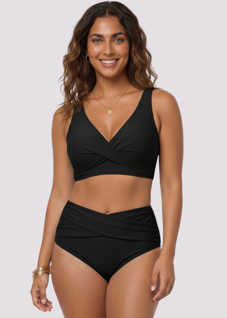 Ruched Cross-Front High-Waist Bikini – Black