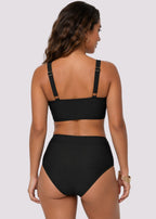 Ruched Cross-Front High-Waist Bikini – Black