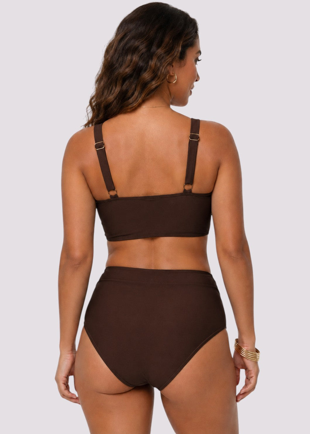 Ruched Cross-Front High-Waist Bikini – Brown