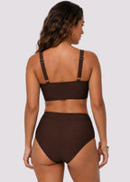 Ruched Cross-Front High-Waist Bikini – Brown