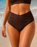 Ruched Cross-Front High-Waist Bikini – Brown