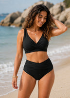 Ruched Cross-Front High-Waist Bikini – Black