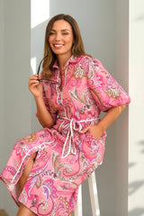 Leah Paisley Midi Shirt Dress – Pink