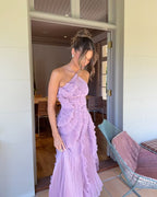 Sophie Pleated Halter Ruffle Maxi Dress – Lavender