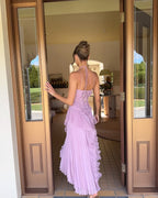 Sophie Pleated Halter Ruffle Maxi Dress – Lavender