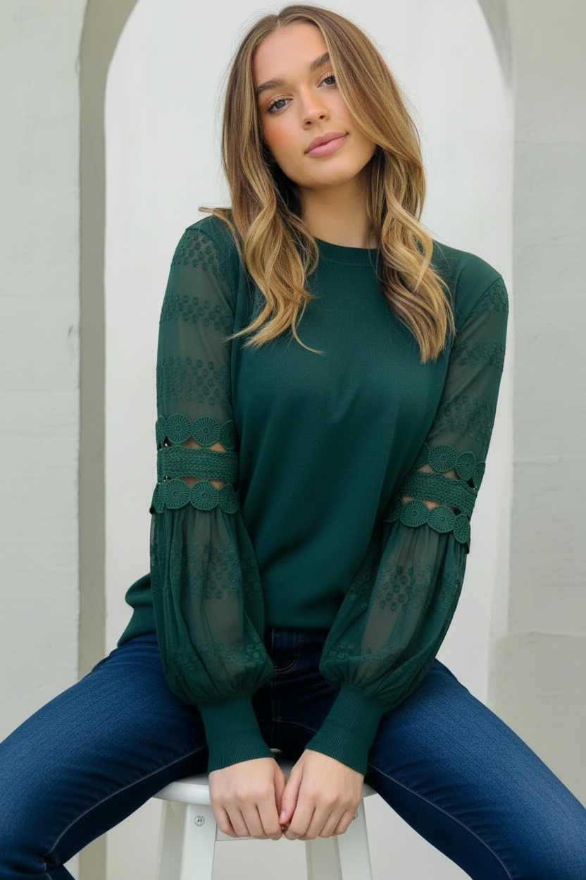 Molli Lace-Sleeve Knit Jumper – Bottle Green by Aurelia Sun