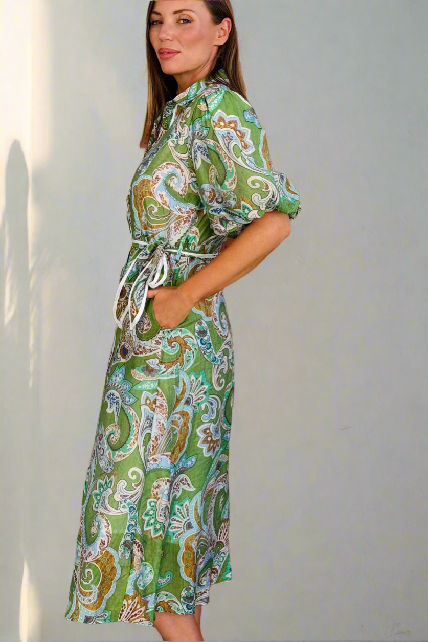 Leah Paisley Midi Shirt Dress – Green by Aurelia Sun