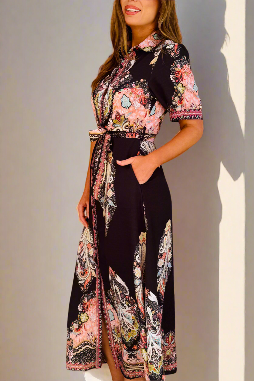 Gidget Embroidered Print Maxi Shirt Dress – Black by Aurelia Sun