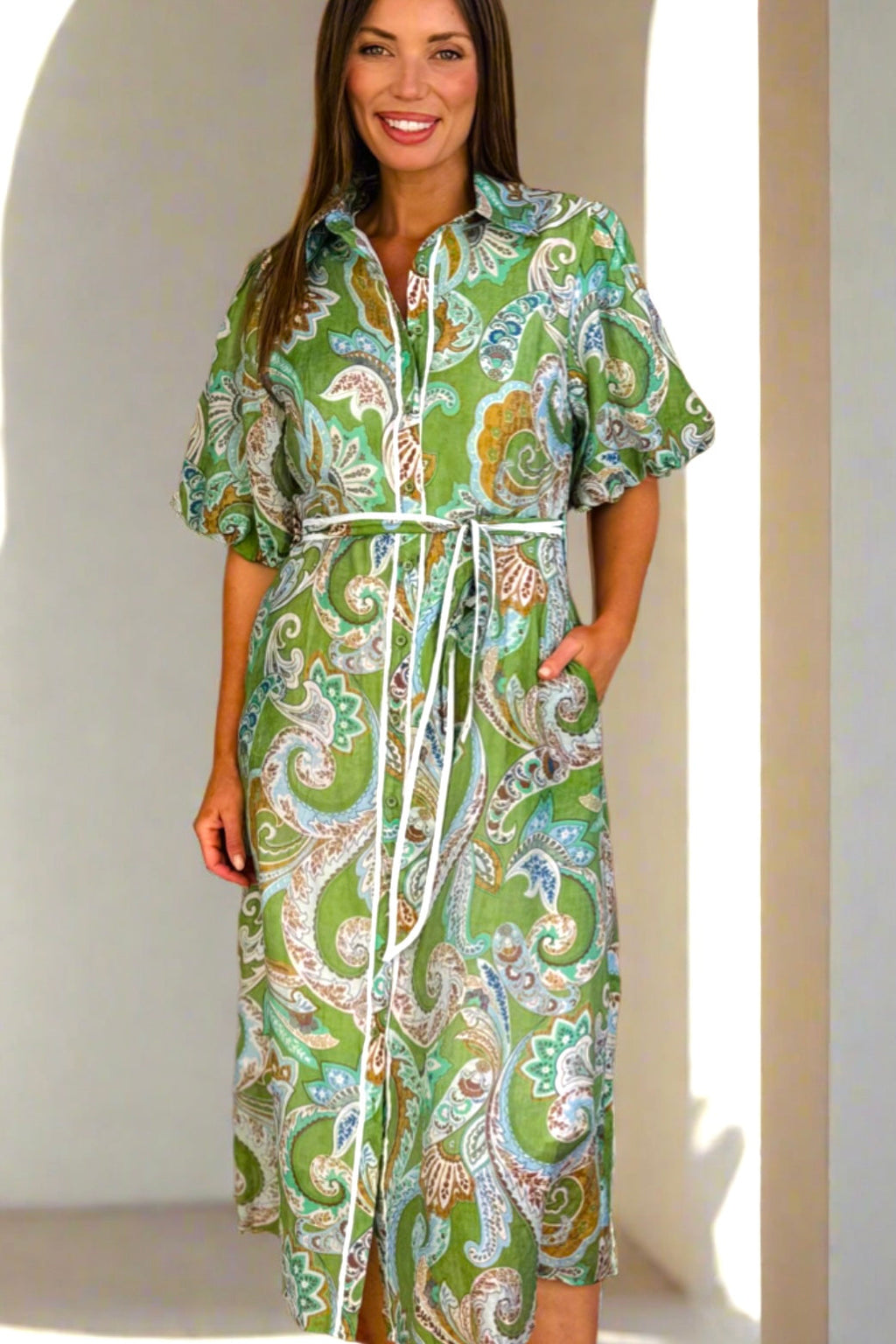 Leah Paisley Midi Shirt Dress – Green by Aurelia Sun