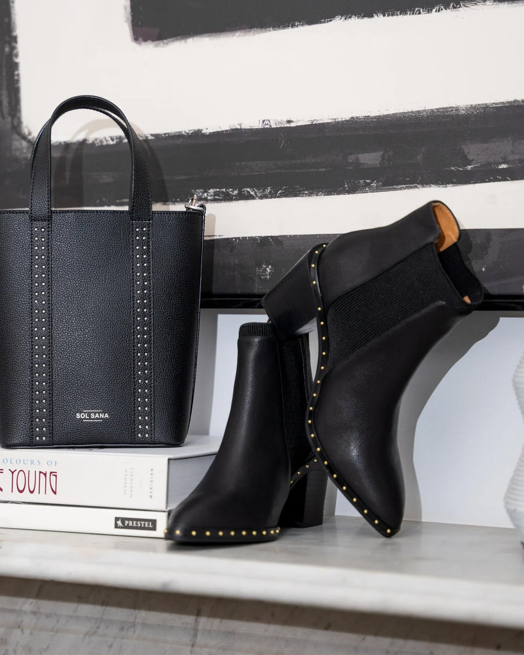 Georgie Leather Block-Heel Ankle Boot – Black/Gold by Aurelia Sun