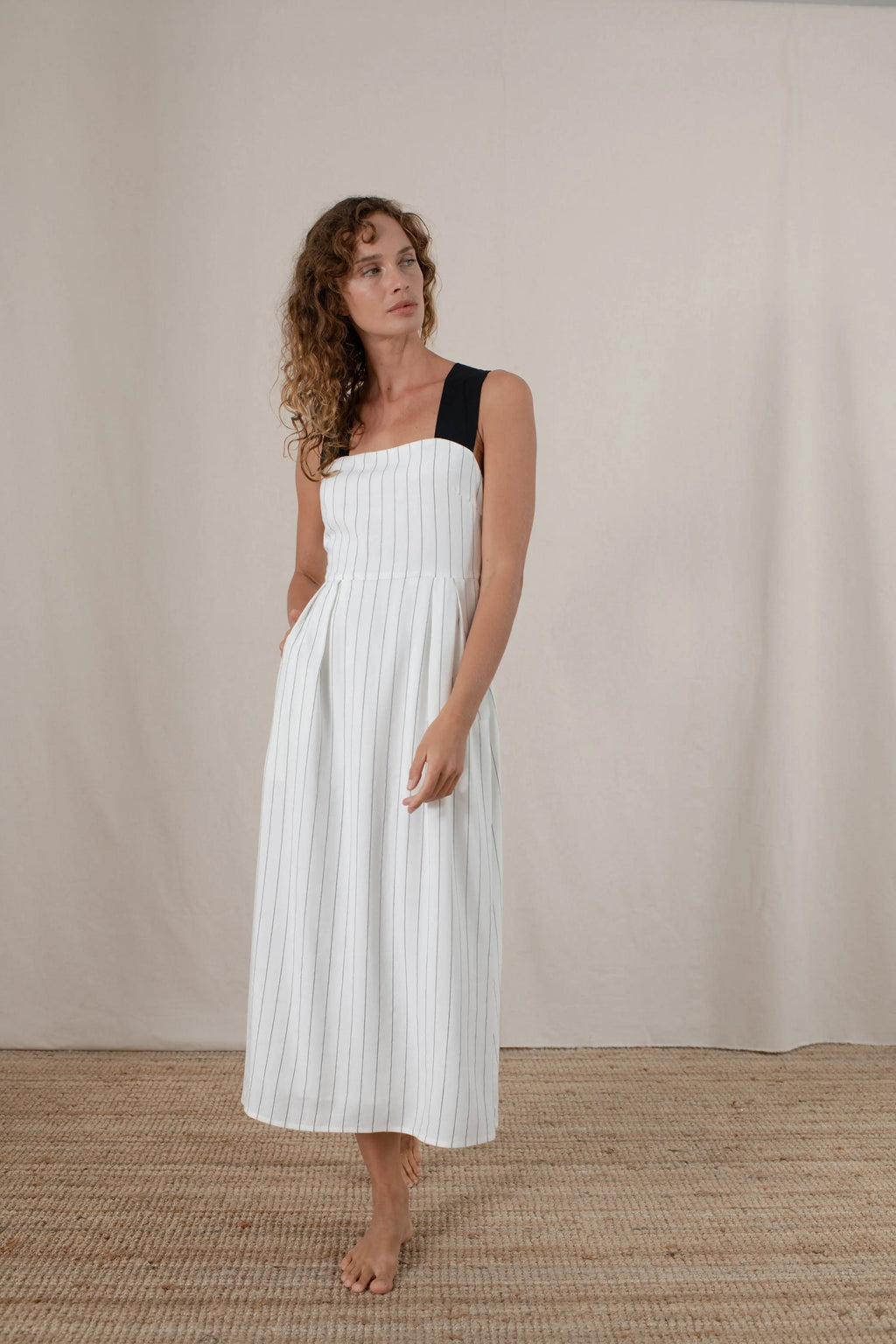 Gessato Pinstripe Linen Midi Dress by Aurelia Sun