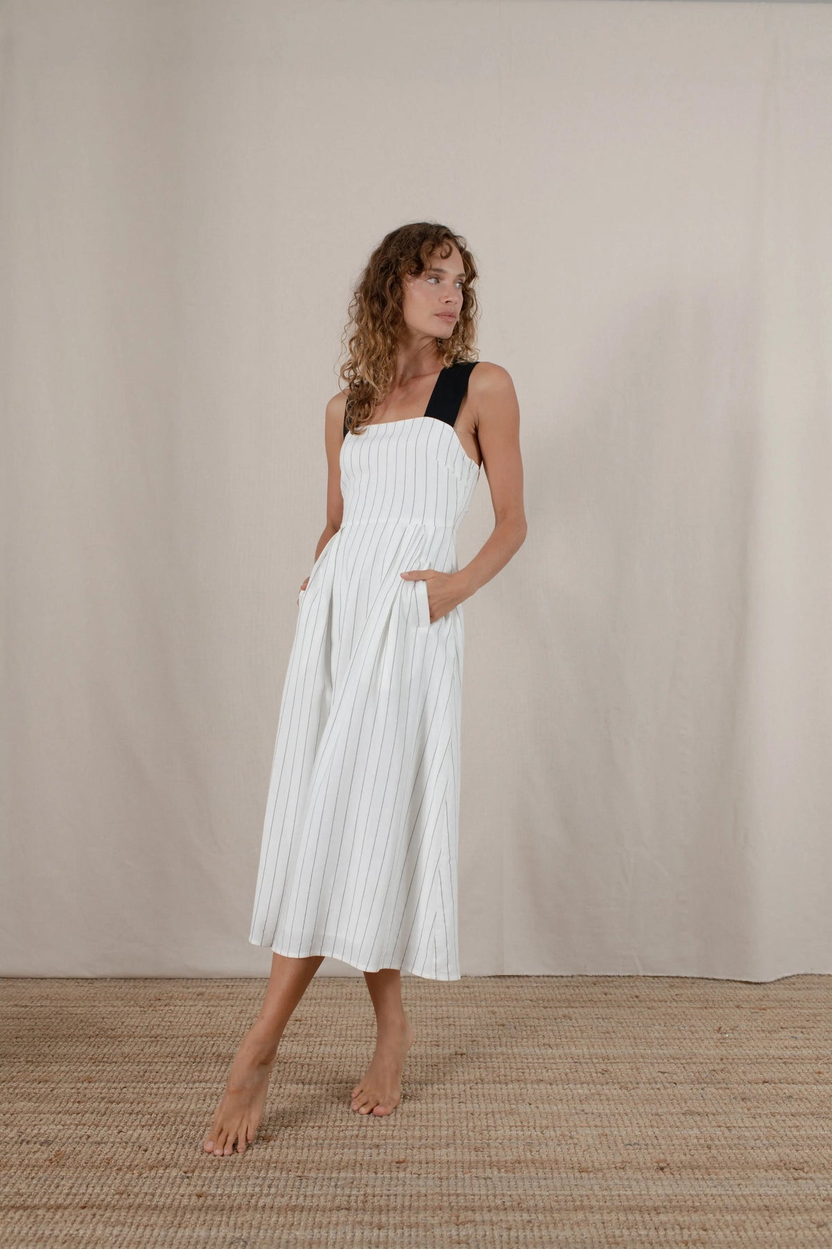 Gessato Pinstripe Linen Midi Dress by Aurelia Sun