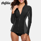 Anfilia Women Long Sleeve Zipper Rashguard Top Swimwear Surfing Top Rash Guard UPF50+ Running Shirt Biking Shirt Swimsuit