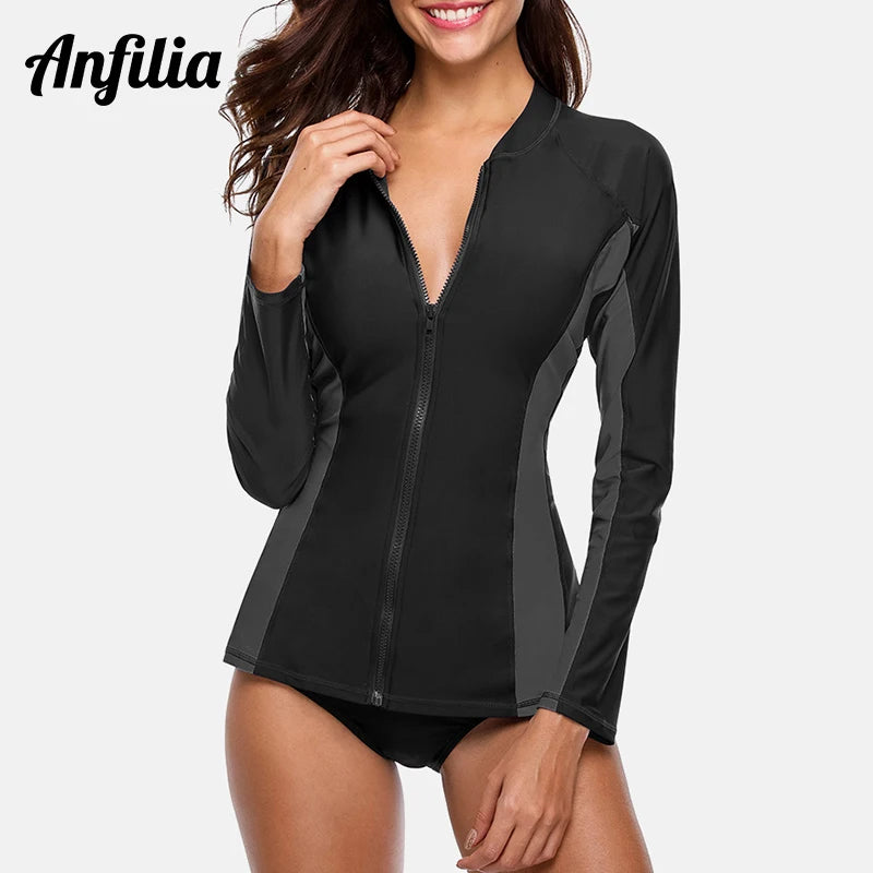 Anfilia Women Long Sleeve Zipper Rashguard Top Swimwear Surfing Top Rash Guard UPF50+ Running Shirt Biking Shirt Swimsuit