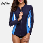 Anfilia Women Long Sleeve Zipper Rashguard Top Swimwear Surfing Top Rash Guard UPF50+ Running Shirt Biking Shirt Swimsuit