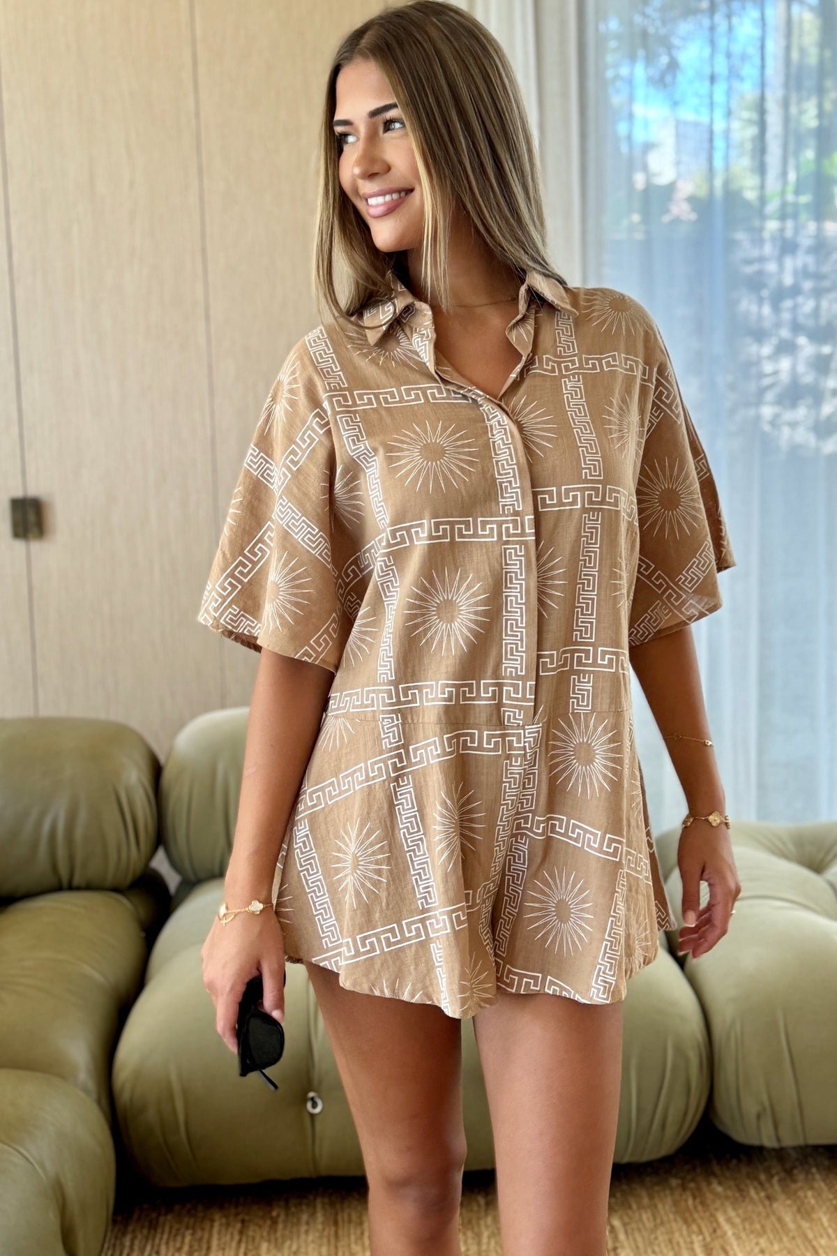 Women's brown cotton playsuit with white abstract sun print