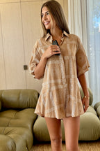 Women's brown cotton playsuit with white abstract sun print