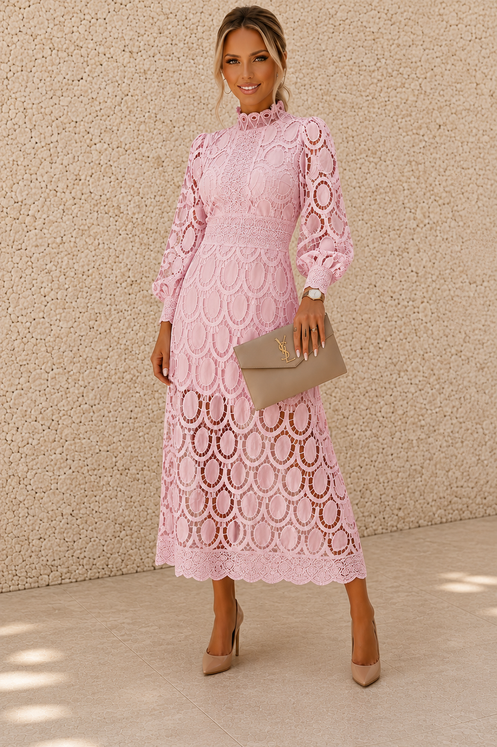 Jasmine Shell Pink Lace Midi Dress