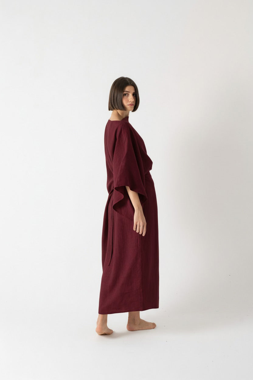 Kimonos Linen Wrap Dress – Wine by Aurelia Sun