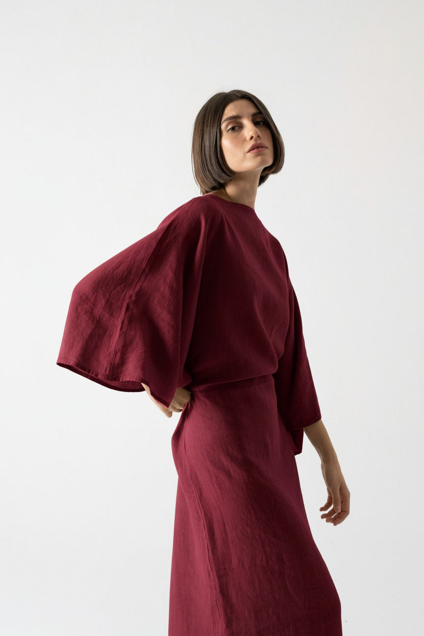 Kimonos Linen Wrap Dress – Wine by Aurelia Sun