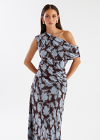 Blue Leaf One-Shoulder Maxi Dress
