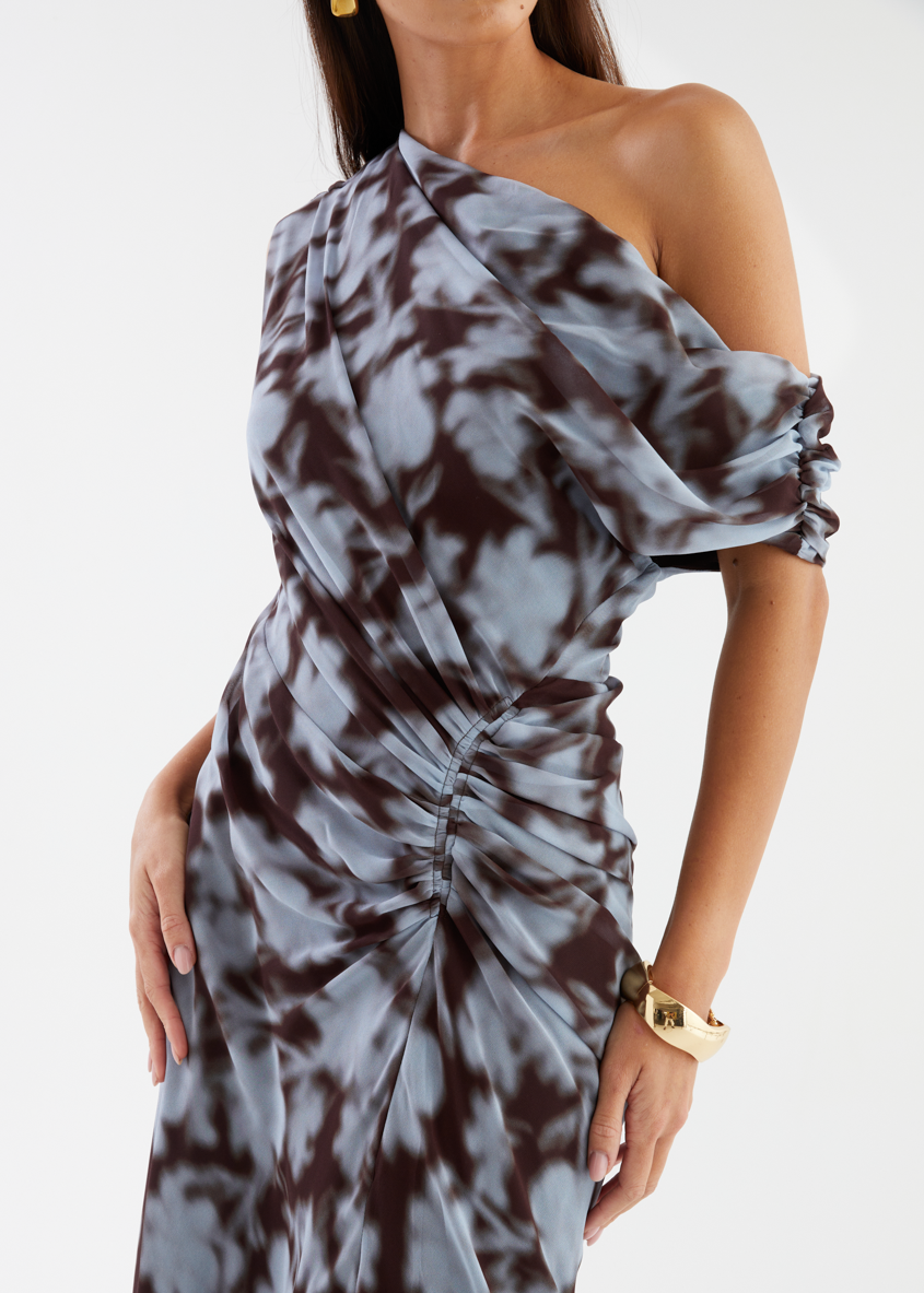 Blue Leaf One-Shoulder Maxi Dress