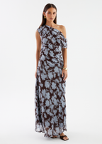 Blue Leaf One-Shoulder Maxi Dress