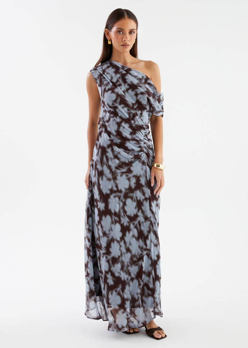 Blue Leaf One-Shoulder Maxi Dress