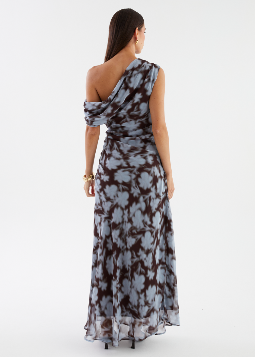 Blue Leaf One-Shoulder Maxi Dress
