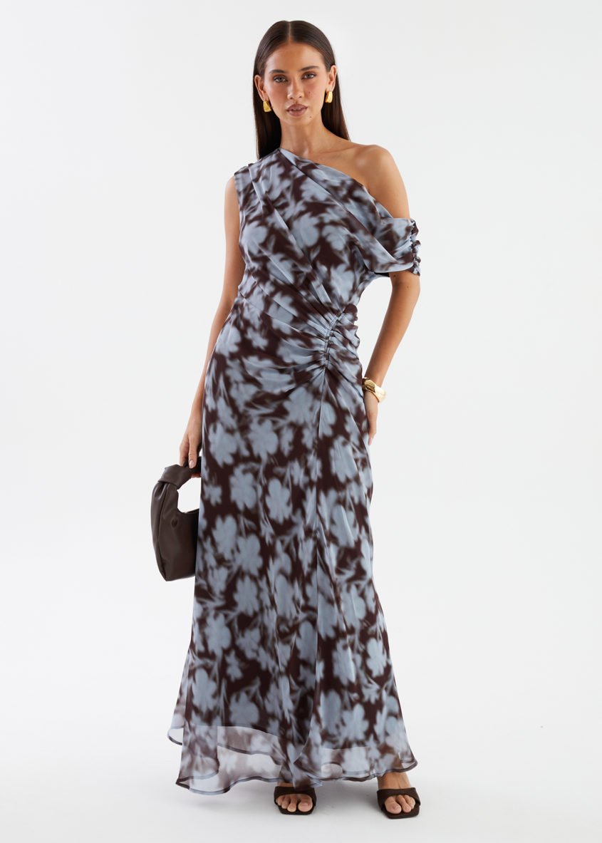 Blue Leaf One-Shoulder Maxi Dress