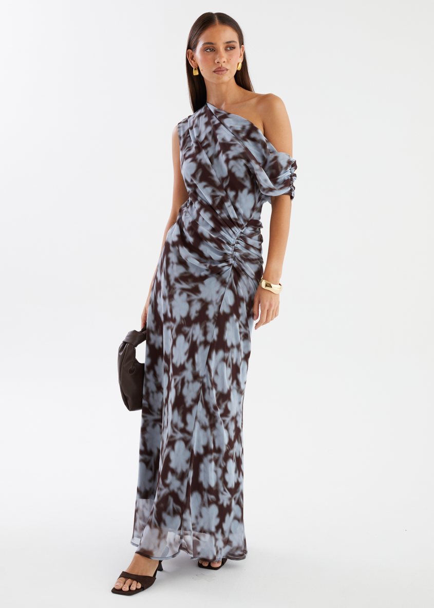 Blue Leaf One-Shoulder Maxi Dress